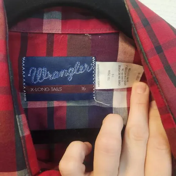 Wrangler Men's X-Long Tails Red Plaid Button-Up Pearl Snap Shirt - Size 16 - Picture 2 of 7